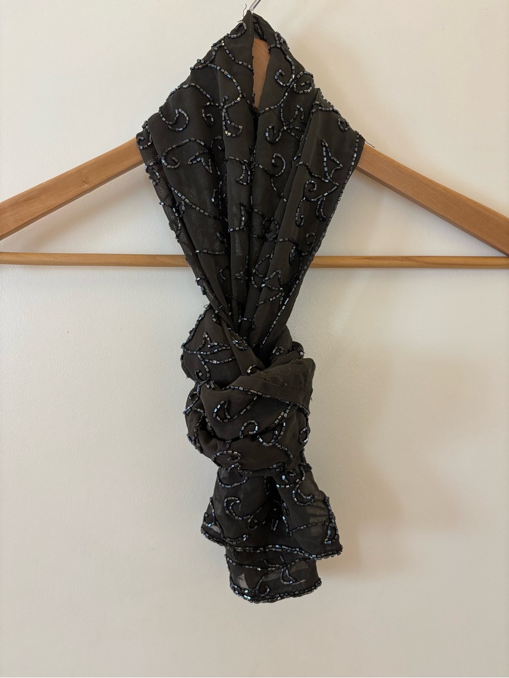 Vintage Black Sheer Beaded Scrollwork Evening Scarf